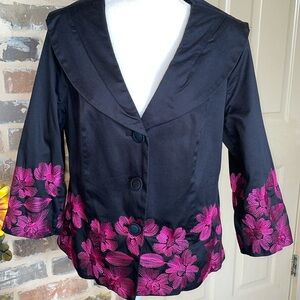 Trenz Theresa Renz Black Sateen Shawl Collar Jacket Buttons Pink Embroidery Sz M